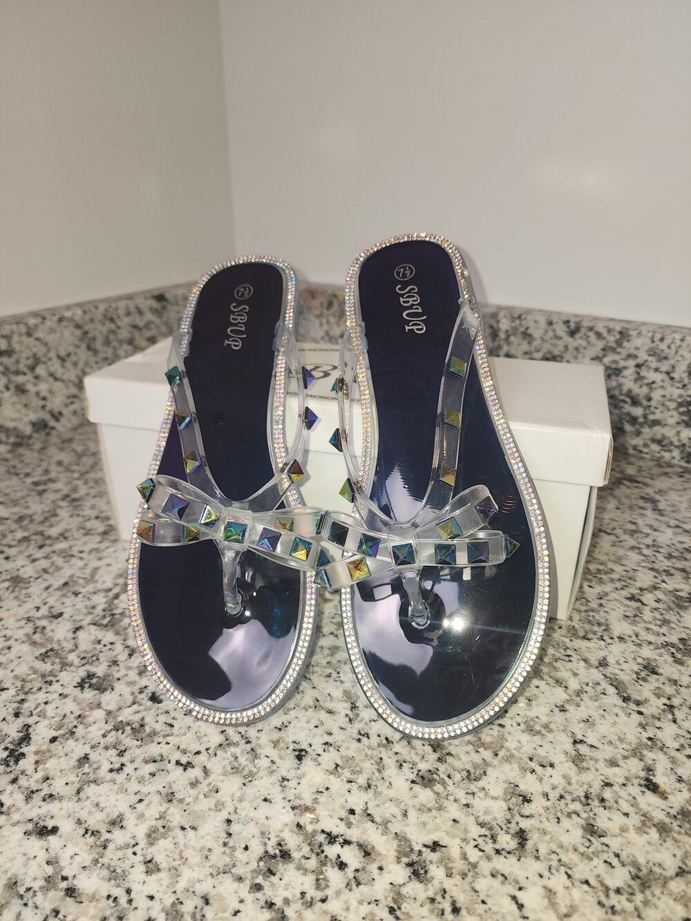 SBUP Jelly Rhinestone Studded Bows Clear Blue Sandals